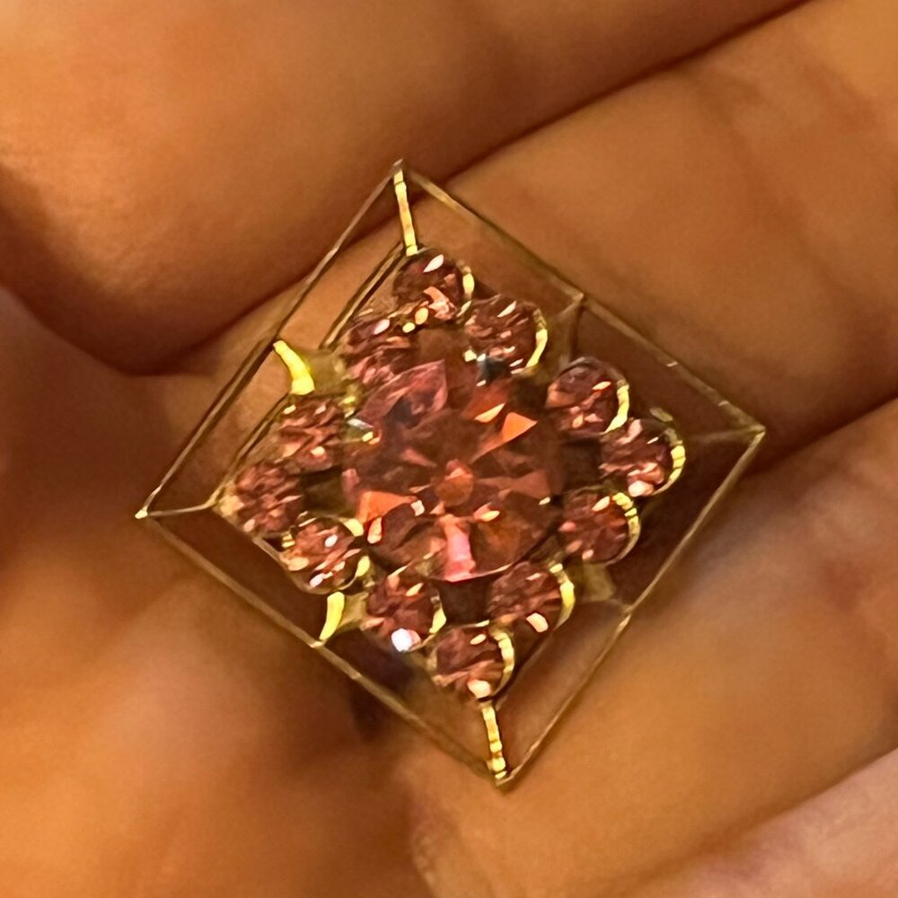 Vintage Dainty Gold Tone Diamond Shape Brooch Pink Rhinestones